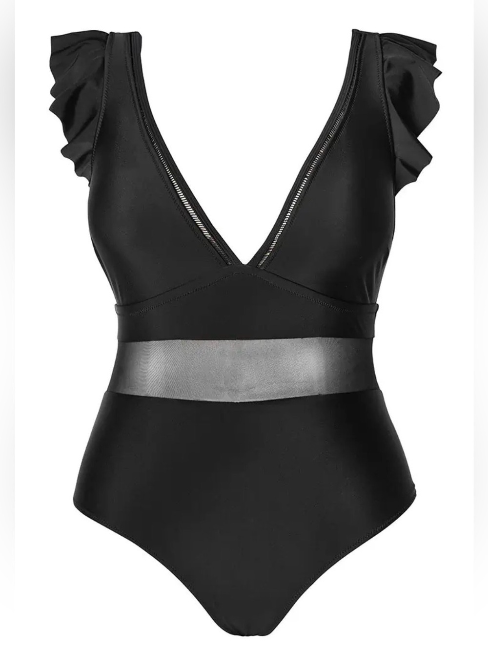 New Cupshe Black Ruffle Plunge V Neck Plus Size One Piece Swimsuit Size 1X
